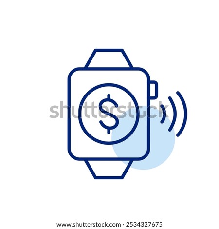 Dollar sign on smart watch and wi-fi symbol. Contactless payment. Financial transactions on the go. Pixel perfect vector icon