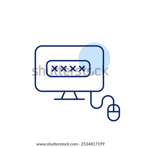 Password covered by asterisks in input box. Computer monitor with mouse. Secure account access. Pixel perfect vector icon