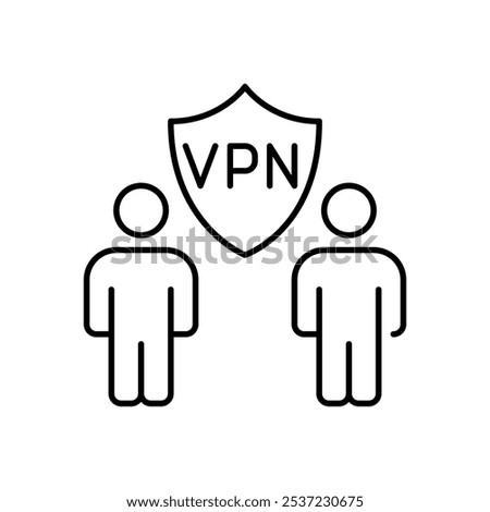 Two users with VPN protection shield between them. Encrypted connection for secure data transfer. Pixel perfect, editable stroke icon