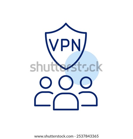 VPN shield and group of users. Shared online protection, secure network environment for all users. Pixel perfect vector icon