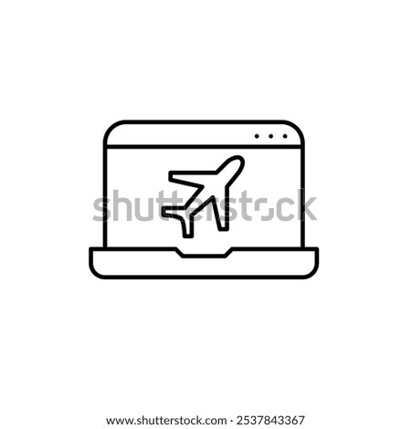 Plane on laptop screen. Device in airplane mode. Travel booking and ticket access. Pixel perfect, editable stroke icon