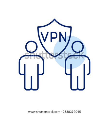 Two users with VPN protection shield between them. Encrypted connection for secure data transfer. Pixel perfect vector icon