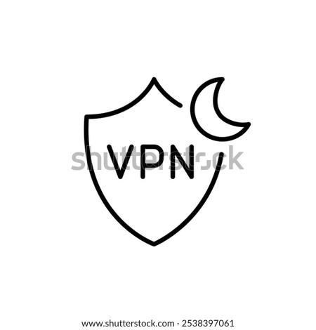 VPN shield and moon symbol. Night time protected online activities. Pixel perfect, editable stroke icon