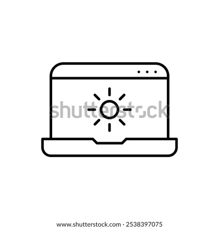 Laptop with sun symbol on screen. Automatic brightness adjustment, enhanced visibility. Pixel perfect, editable stroke icon