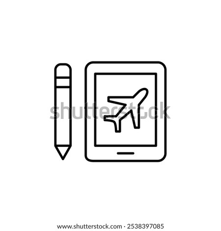 Electronic tablet with plane on screen and pencil. Airplane mode. Travel hub, mobile device access. Pixel perfect, editable stroke icon