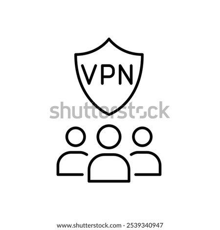 VPN shield and group of users. Shared online protection, secure network environment for all users. Pixel perfect, editable stroke icon