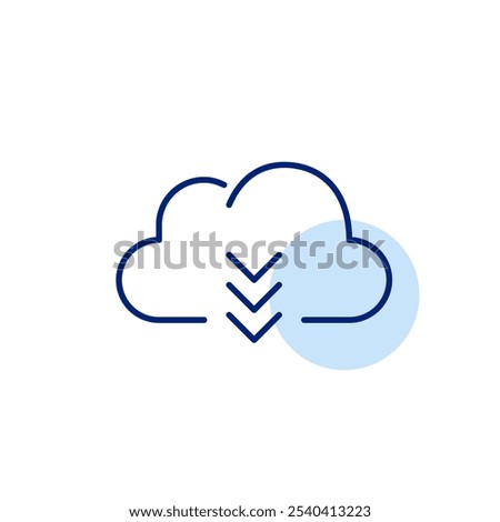 Cloud and arrows down. Downloading files from online storage. Data transfer and instant backup. Pixel perfect vector icon