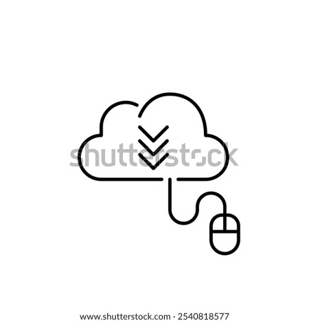 Cloud with arrows up and computer mouse connected to it. File download. Data transfer to online storage. Cloud-based storage solutions. Pixel perfect, editable stroke icon