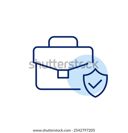 Briefcase and protection shield with checkmark. Business insurance or the protection of a company interests. Secure portfolio. Verified business account. Pixel perfect vector icon