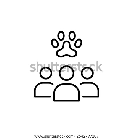 Group of people and pet paw. Support network for pet owners, veterinarians, or animal caregivers. Pixel perfect, editable stroke icon