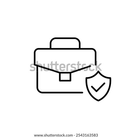 Briefcase and protection shield with checkmark. Business insurance or the protection of a company interests. Secure portfolio. Verified business account. Pixel perfect, editable stroke icon