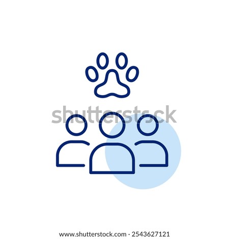 Group of people and pet paw. Support network for pet owners, veterinarians, or animal caregivers. Pixel perfect vector icon