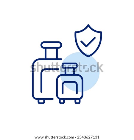 Travel insurance. Luggage lost and trip cancellation. Safe flights. Wheeler suitcases and insurance shield with checkmark. Pixel perfect, editable stroke icon