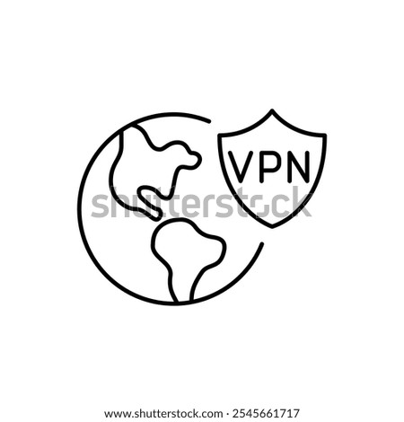 Earth and VPN shield. Global online protection. Secure browsing experience, data safety and privacy. Pixel perfect vector icon