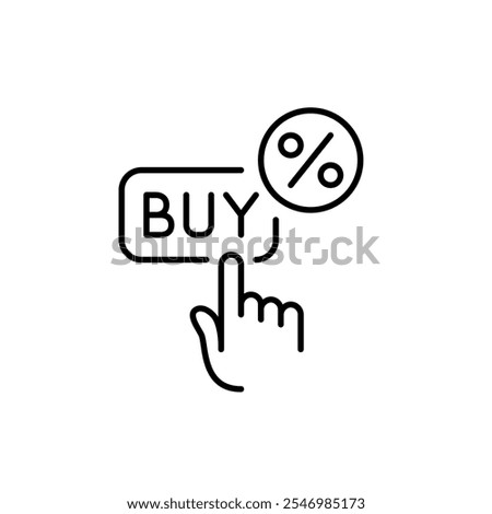 Finger clicking on buy button with percent symbol. Instant purchase discount, exclusive deals. Buy now savings. Pixel perfect vector icon