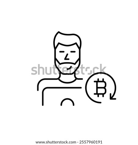 Man at laptop and bitcoin in refresh arrow, cryptocurrency mining or workstation. Pixel perfect, editable stroke icon