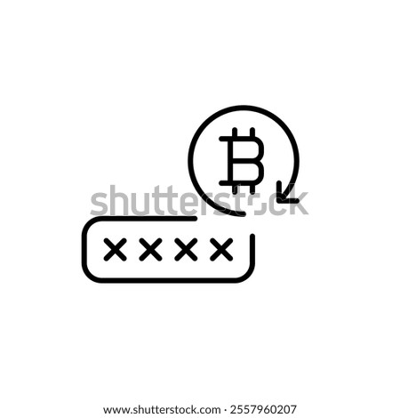 Password input box and bitcoin symbol. Cryptocurrency safety and protected personal accounts. Pixel perfect vector icon