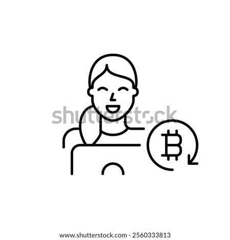 Woman at laptop and bitcoin in refresh arrow, cryptocurrency mining or workstation. Pixel perfect vector icon