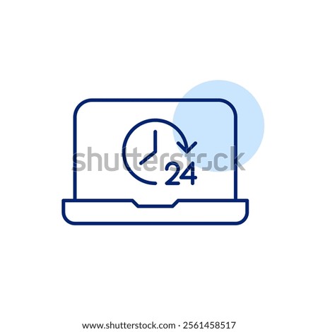 Laptop with clock and 24 hour symbol. Constant connectivity and reliability, continuous access, always on workflow. Pixel perfect, editable stroke icon