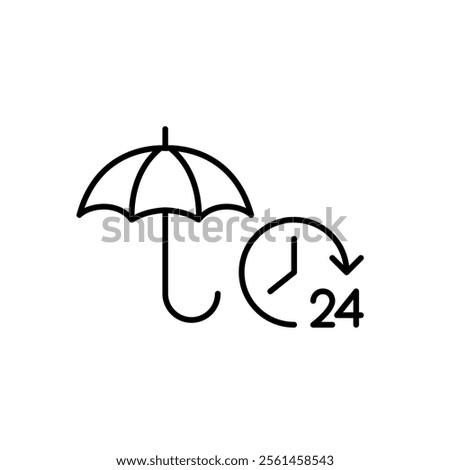 Open umbrella and 24 hour clock. Full coverage, constant protection. Pixel perfect vector icon