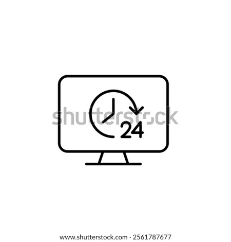 Computer monitor with clock and 24 hour symbol. Constant connectivity, digital hub, data backup. Pixel perfect vector icon