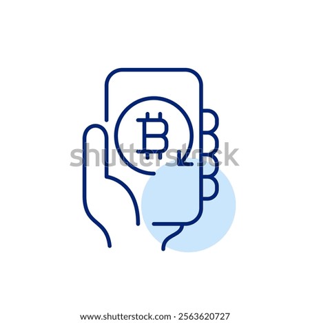 Bitcoin symbol on smartphone. Cryptocurrency flow, transactions and personal wallet. Investment and payment. Pixel perfect, editable stroke icon