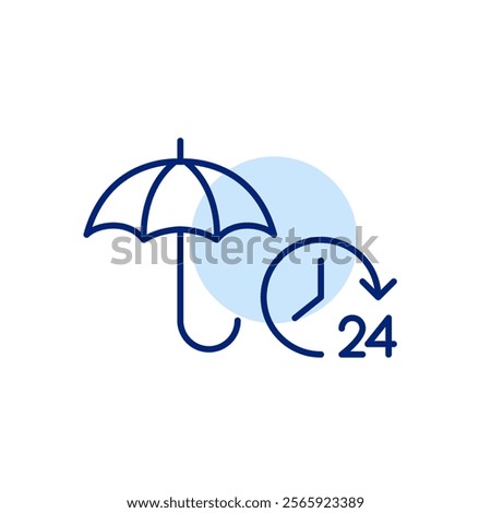 Open umbrella and 24 hour clock. Full coverage, constant protection. Pixel perfect, perfect, editable stroke icon