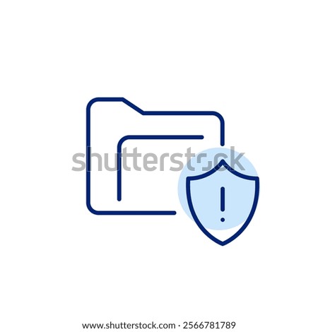 File folder and shield with exclamation mark. Problem warning, security alert. Pixel perfect, editable stroke icon