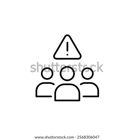 Group of users, exclamation mark and triangle. Community alert, shared danger concern. Pixel perfect vector icon