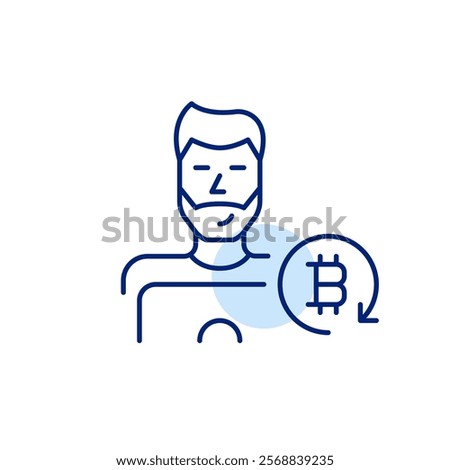 Man at laptop and bitcoin in refresh arrow, cryptocurrency mining or workstation. Pixel perfect vector icon