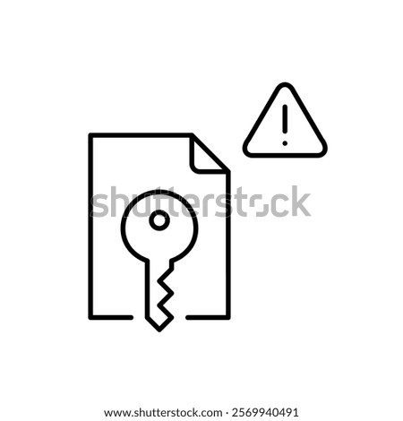 File, key, exclamation mark in triangle. Critical data protection notice, sensitive information. Document access warning. Pixel perfect vector icon