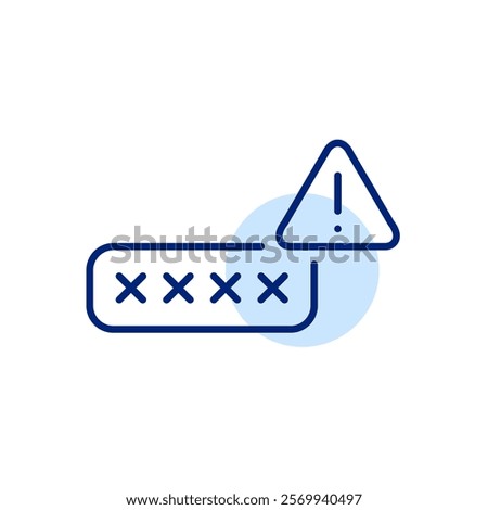 Password in input box covered by asterisks. Login protection warning, weak password risk alert. Unauthorized authentication attempt. Pixel perfect, editable stroke icon