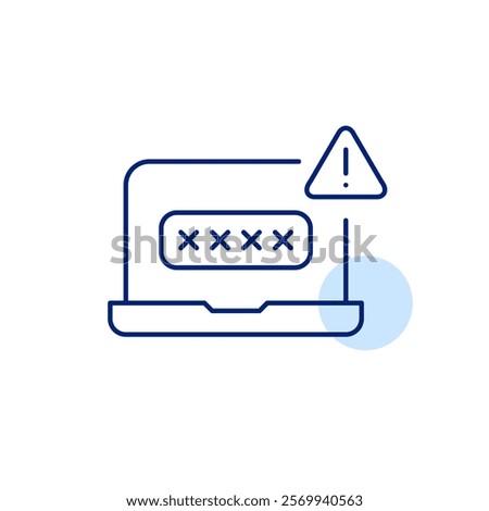 Password in input box covered by asterisks on laptop. Login protection warning, weak password risk alert. Unauthorized authentication attempt. Pixel perfect, editable stroke icon