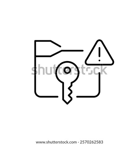 File folder, key and hazard alert. Security risk in file management and data protection. Critical notice. Pixel perfect vector icon