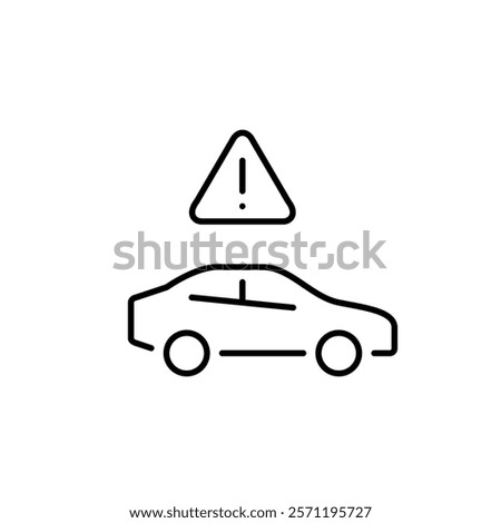 Side car view and triangle with exclamation mark. Road accident, traffic disruption. System error alert, urgent need for repair. Pixel perfect vector icon