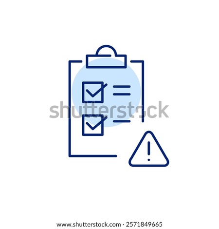 Checklist with tasks ticked off and hazard alert. Exclamation mark in triangle. Secure to-do notification, urgent attention required. Pixel perfect, editable stroke icon