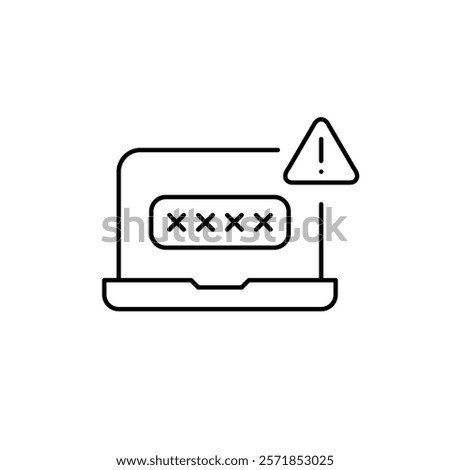 Password in input box covered by asterisks on laptop. Login protection warning, weak password risk alert. Unauthorized authentication attempt. Pixel perfect vector icon