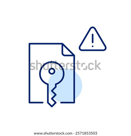 File, key, exclamation mark in triangle. Critical data protection notice, sensitive information. Document access warning. Pixel perfect, editable stroke icon