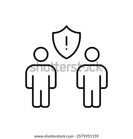 Two users and security shield with exclamation mark. Potential personal account data and interaction safety risks alert. Pixel perfect vector icon