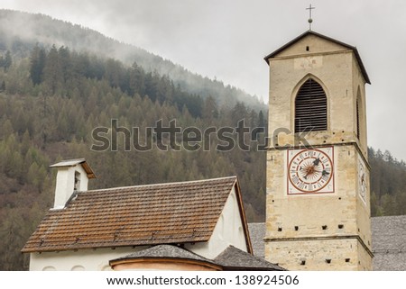 Tower of old beauty church of St. John in Mustair, UNESCO World Cultural Heritage, Switzerland