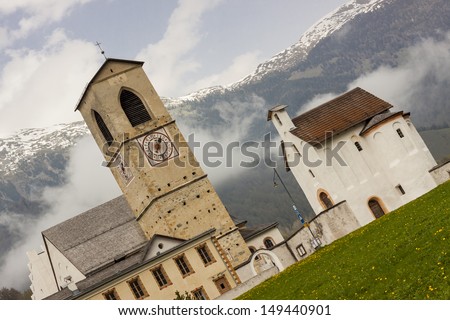 Front of Old beauty church of St. John in Mustair, UNESCO World Cultural Heritage, Switzerland