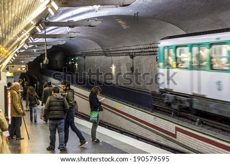 PARIS, FRANCE -  APRIL 27:Paris Metro station (Mirabeau) on april 27, 2013 in Paris. Paris Metro is the 2nd largest underground system worldwide by number of stations (300).