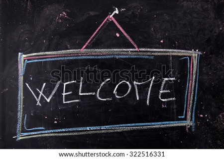 Graphical representation of the writing, welcome, written with chalk on blackboard