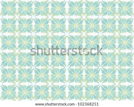 Butterfly pattern of four butterflies pasted at 45 degree angles, squared. Aqua and green, white background. / Butterfly Pattern #30 / Nice classic look for whatever your notion.