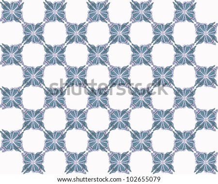 Four butterflies pasted at 45 degree angles, in a classic checkerboard pattern. Inverted, dark blue and gray butterflies, white background./ Butterfly Interlock Checker #10 / Classic looking style.