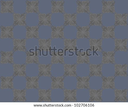 Butterfly pattern, four butterflies pasted at 45 degree angles, in a checker pattern. Inverted dark gray butterflies, drab blue background./ Butterfly Interlock Checker #50/ Great interlocking pattern