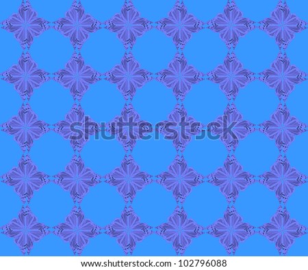 Butterfly pattern of four butterflies pasted at 45 degree angles, in a diamond shape. Inverted purple butterflies, light blue background. / Diamond Butterfly Pattern #67 / Great retro styling.