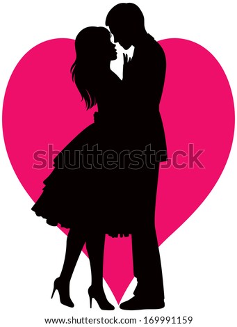 Illustration black silhouette of lovers embracing on a white background/Couple in love/Illustration of man and woman lovers