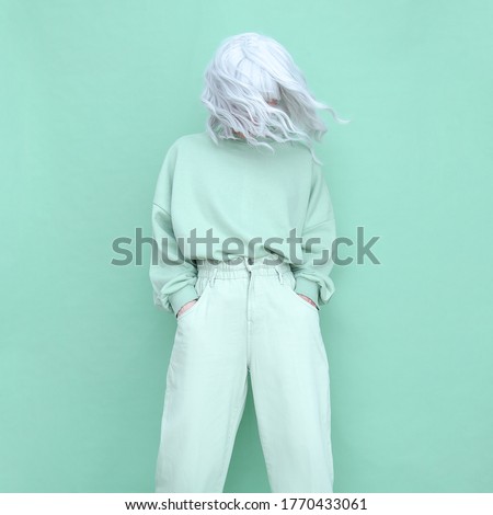 Aqua menthetrends. Fashion Casual look Girl minimal aesthetic. Monochrome color design