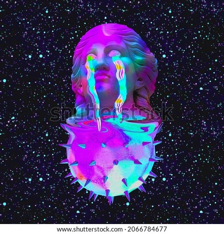 Contemporary minimal collage art. Antique statue Male in cosmic space. Back in 80, 90s party style. Retro Zine and vapor wave cuture concept. 3 d render art Photo stock © 